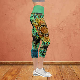 Dot Mandala Flower Orange Green and Blue Capri Leggings
