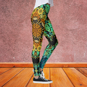 Dot Mandala Flower Orange Green and Blue Leggings