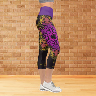 Dot Mandala Flower Pink Yellow and Black Capri Leggings