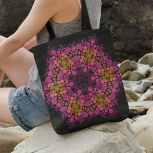Dot Mandala Flower Pink Yellow and Black Tote Bag