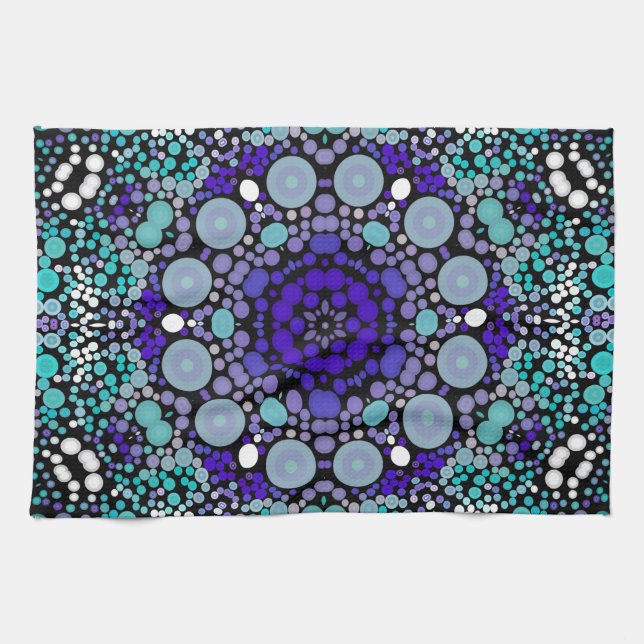 Dot Mandala Flower Purple Blue and White Tea Towel (Horizontal)