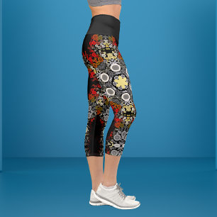 Dot Mandala Flower Red Yellow and Grey Capri Leggings