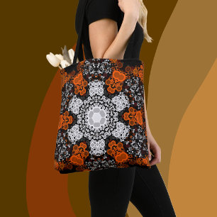 Dot Mandala Flower White Orange and Black Tote Bag