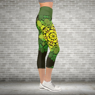 Dot Mandala Flower Yellow and Green Capri Leggings