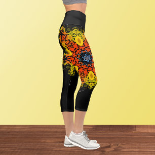 Dot Mandala Flower Yellow Orange and Blue Capri Leggings