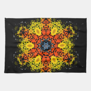 Dot Mandala Flower Yellow Orange and Blue Tea Towel
