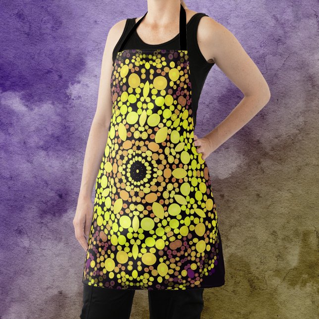 Dot Mandala Flower Yellow Purple and Black Apron (Creator Uploaded)