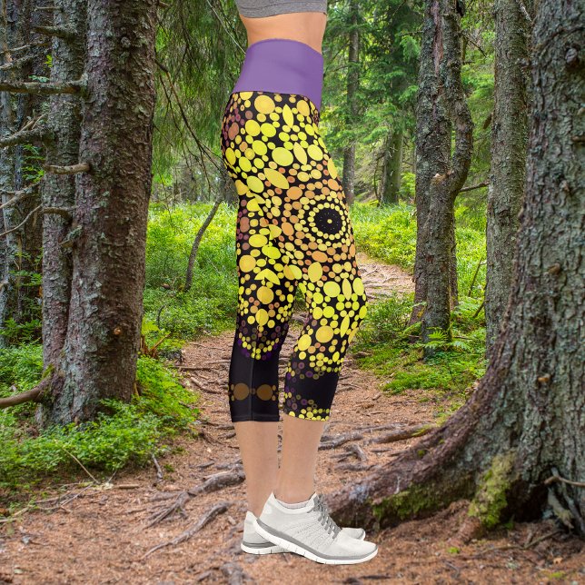 Dot Mandala Flower Yellow Purple and Black Capri Leggings (Creator Uploaded)