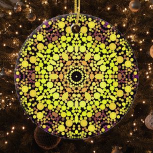 Dot Mandala Flower Yellow Purple and Black Ceramic Tree Decoration