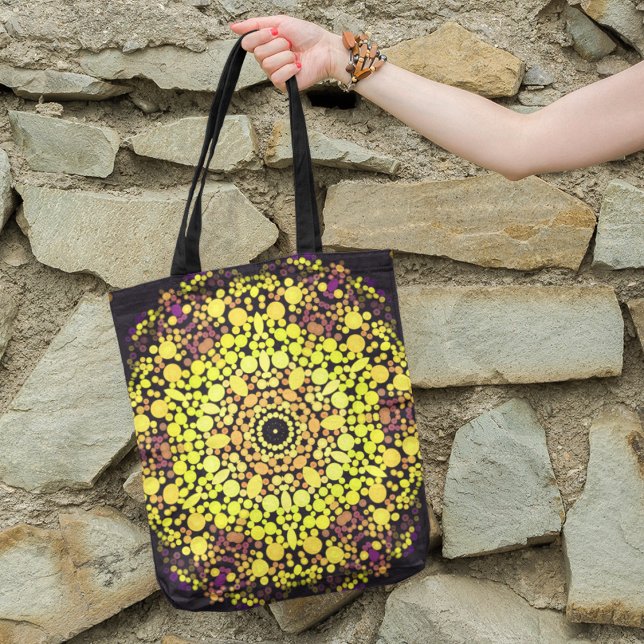 Dot Mandala Flower Yellow Purple and Black Tote Bag (Creator Uploaded)