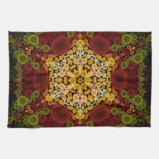Dot Mandala Flower Yellow Red and Black Tea Towel (Horizontal)