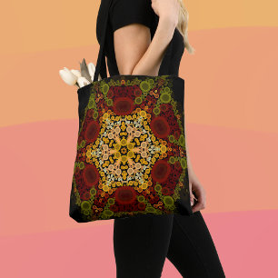 Dot Mandala Flower Yellow Red and Black Tote Bag