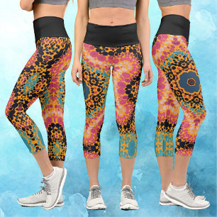 Dot Mandala Pink Blue Black and Yellow Capri Leggings