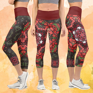Dot Mandala Red Green and White Capri Leggings