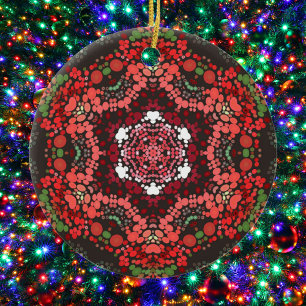 Dot Mandala Red Green and White Ceramic Tree Decoration