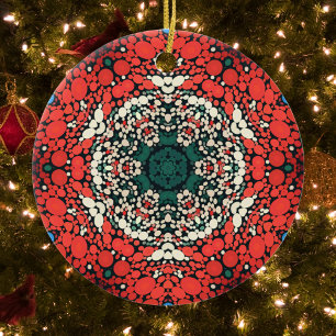 Dot Mandala Red White Blue and Green Ceramic Tree Decoration