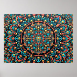 Dot Mandala Teal Coral Gold Art Poster