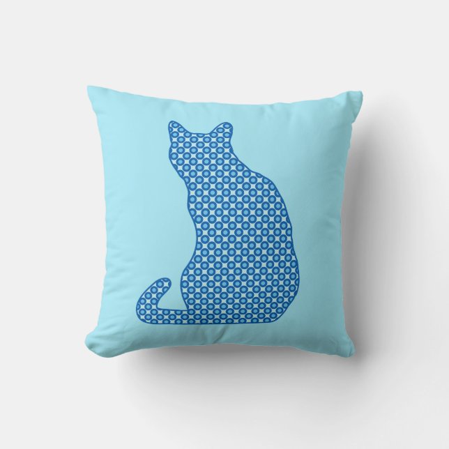Dot Patterned Cat - Shades of Blue Throw Pillow (Front)