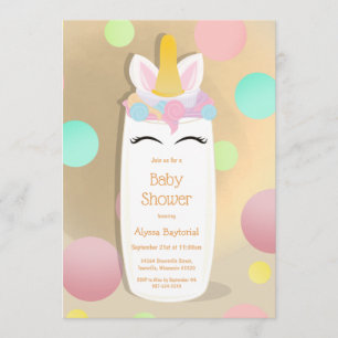 Dot Unicorn Baby Bottle   Baby Shower Invitation