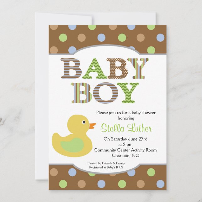 Dots Baby Boy Duck Baby Shower Invitation (Front)