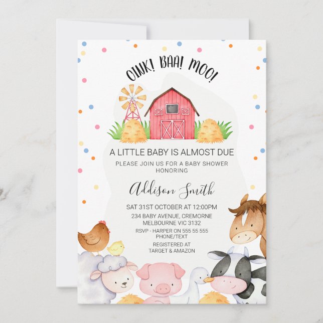 Dots Gender Neutral Farm Red Barn Baby Shower  Invitation (Front)