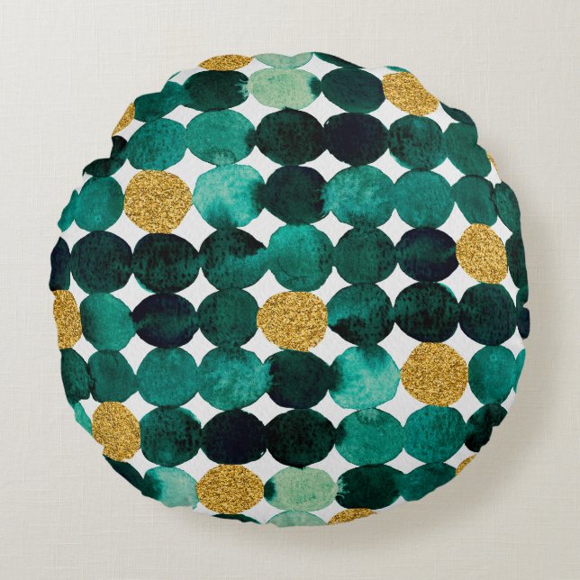 Dots pattern - emerald and gold glitter round cushion (Front)