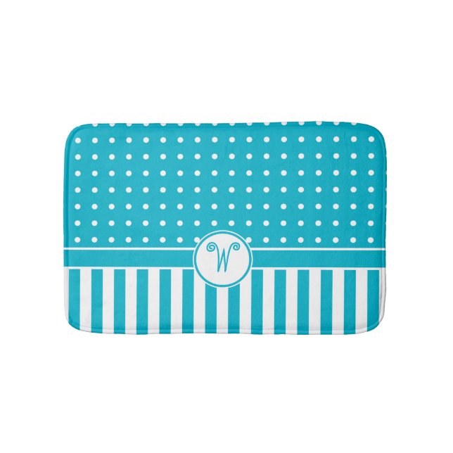 Dots Stripes Monogram Turquoise Bath Mat (Front)