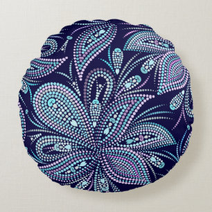 Dotted blue pattern with paisley and beads. Orname Round Cushion