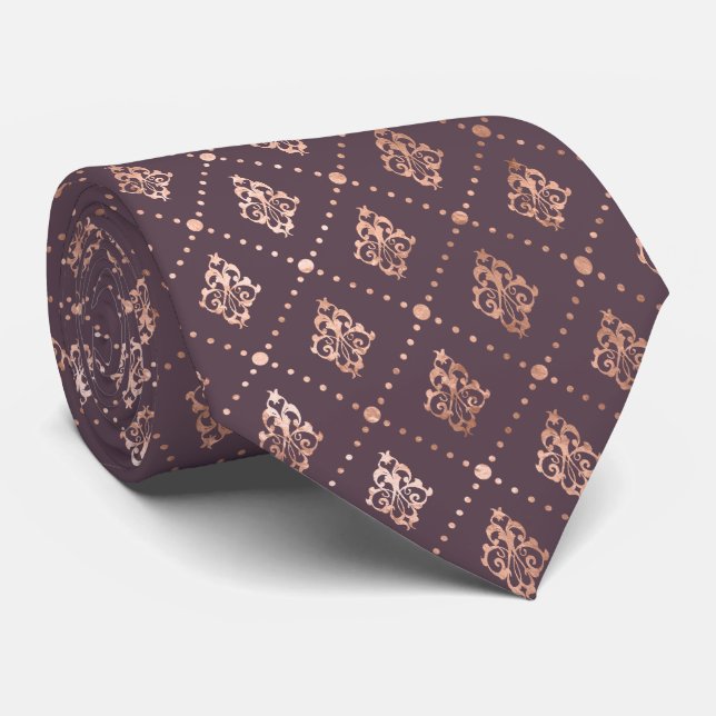 Dotted Botanical Pattern Rose Gold Dark Mauve Tie (Rolled)