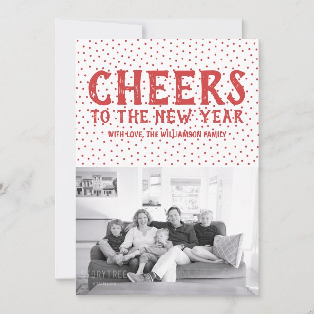 Dotted Cheers to the New Year Photo Card | Red (Front)
