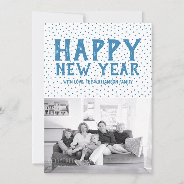 Dotted Happy New Year Photo Card | Blue (Front)