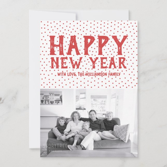 Dotted Happy New Year Photo Card | Red (Front)