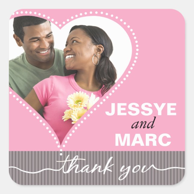 Dotted Heart Photo Thank You pink grey Square Sticker (Front)