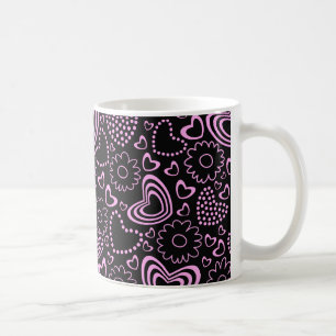 Dotted Hearts and cute flowers in pink and black Coffee Mug