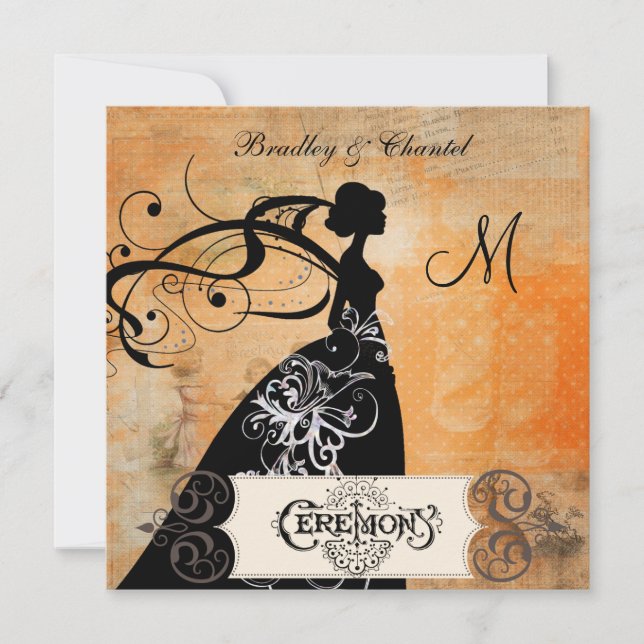 Dotted Orange Sherbet Silhouette Bride Invitation (Front)