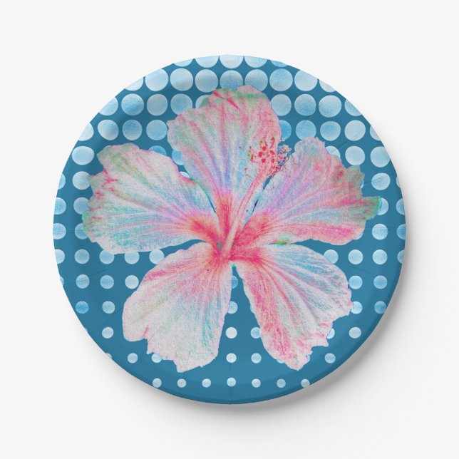 Dotted Teal Blue with Hibiscus Paper Plate (Front)