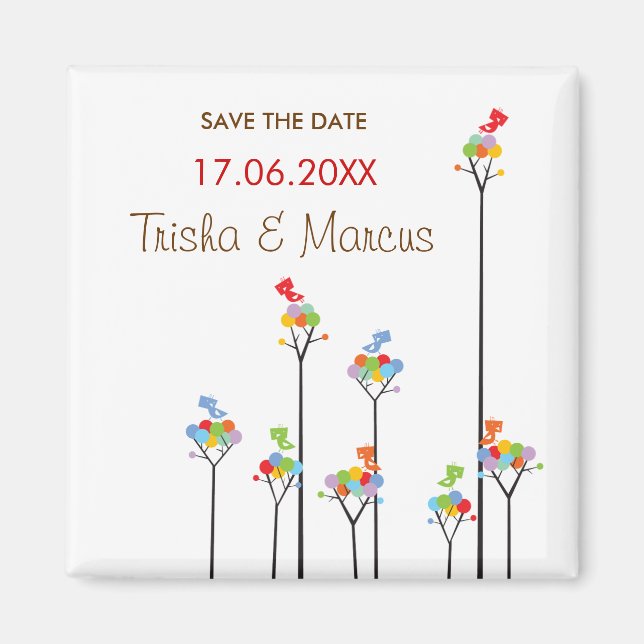 Dotted Trees & Cute Birds Save Date / Gift Magnet (Front)