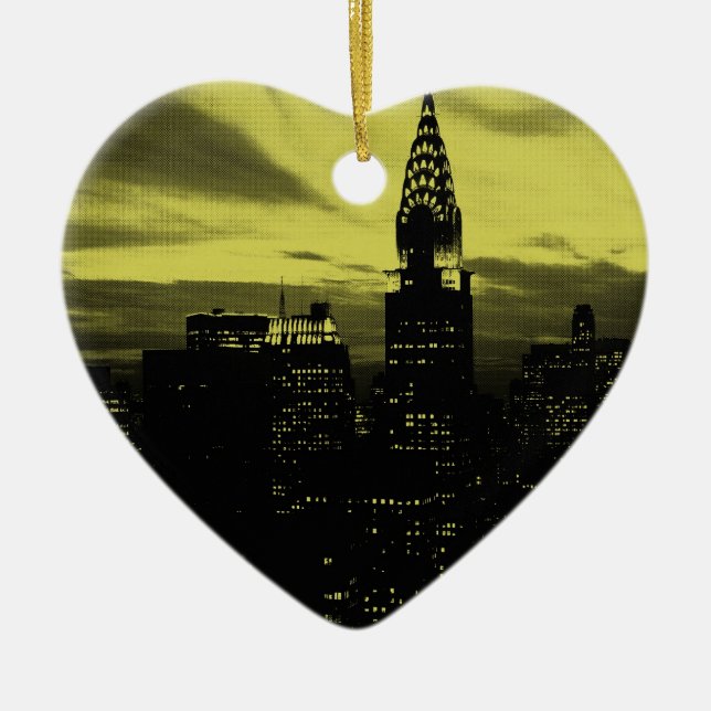 Dotted Yellow Black New York City Ceramic Tree Decoration (Front)