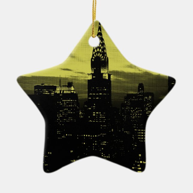 Dotted Yellow Black New York City Ceramic Tree Decoration (Front)