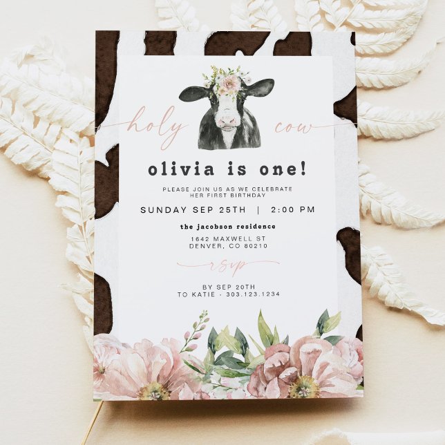 DOTTIE Holy Cow Cute Floral Farm 1st Birthday  Invitation (Creator Uploaded)