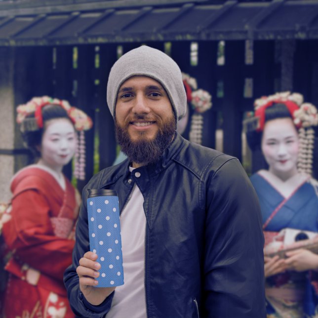 Dotty Delight Blue Thermal Tumbler (A man holds a Dotty Delight Blue Thermal Tumbler.)