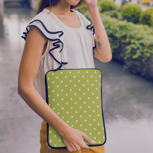  Dotty Delight Green Laptop Sleeve (A woman is standing with a laptop in a Dotty Delight Green Laptop Sleeve.)