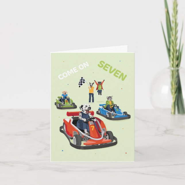 Dotty Dog Age Seven Go Karting Birthday Card (Front)