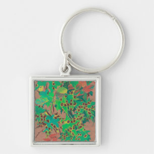 Dotty leaves, autumn floral, green, yellow & brown key ring