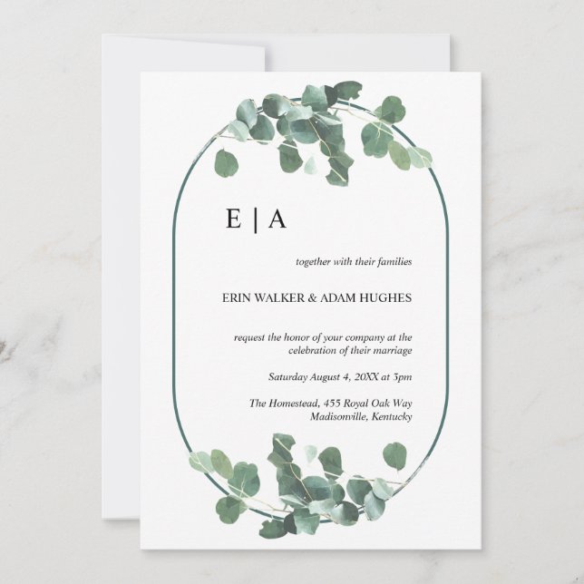 Double Arch Eucalyptus Greenery Simple Monogram Invitation (Front)