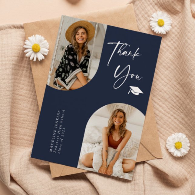Double Arch Navy Blue Graduation Photo Thank You  Card (Creator Uploaded)
