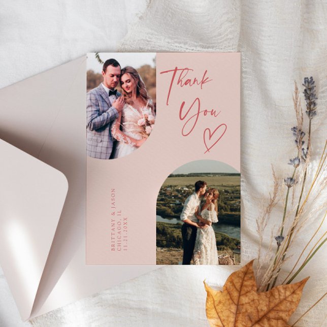 Double Arch Pink Wedding Photo Thank You Card (Creator Uploaded)