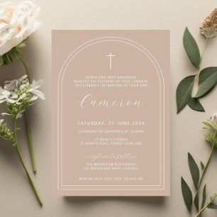 Double arch simple cross beige christening baptism invitation