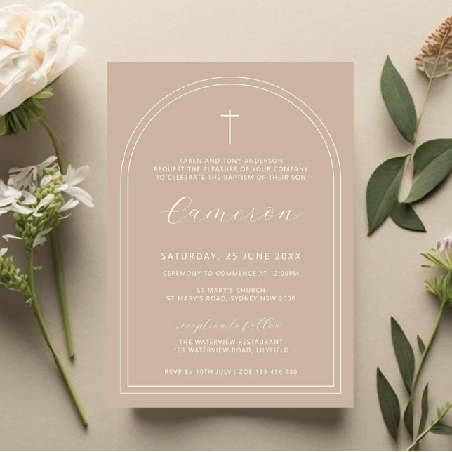 Double arch simple cross beige christening baptism invitation (Creator Uploaded)
