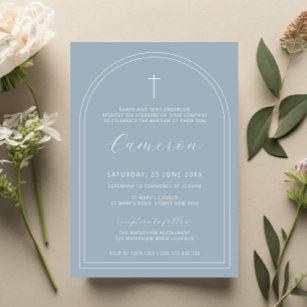 Double arch simple cross blue christening baptism invitation